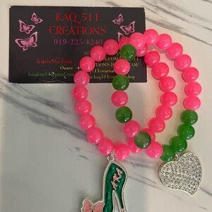 Pink and Green Beaded Bracelet Set